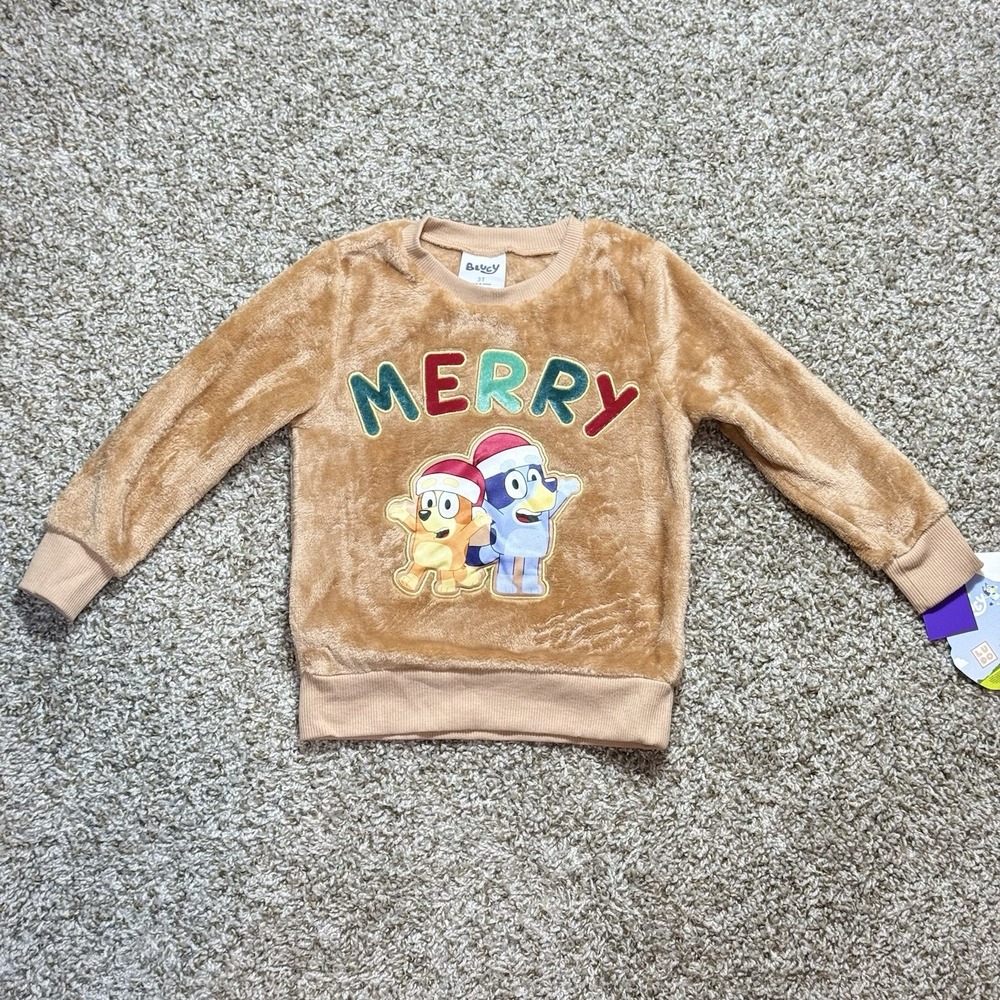 Bluey Bingo Toddler Boys 3T Merry Christmas Fuzzy Plush Sweatshirt Brown NWT